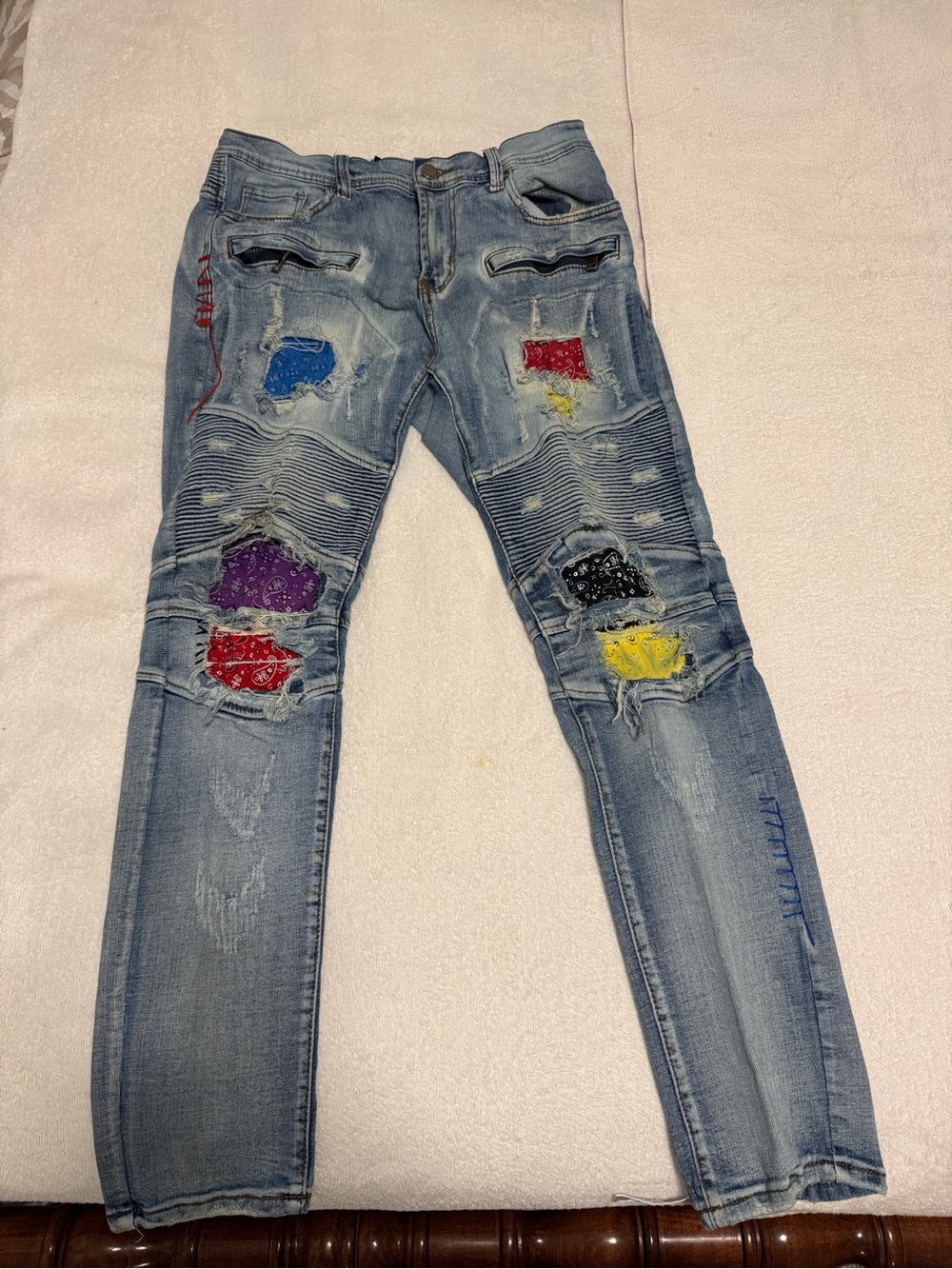 Preme Multi Colored Bandana Blue Denim Distressed Skinny Jeans Men’s Size 34x32
